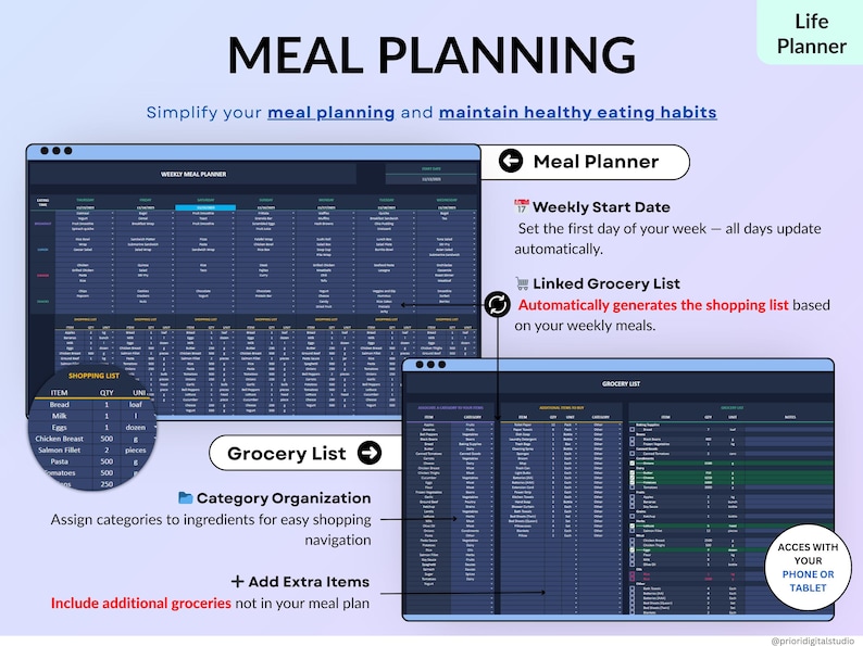 Ultimate Life Organizer Bundle for Excel and Google Sheets in dark mode, perfect for family and individual planning. Complete 2025, 2026, 2027 life planner with budget spreadsheet, habit tracker, task tracker, productivity planner, monthly and annual calendars, dashboards, goal tracking, meal planning, savings and debt tools, net worth and investment trackers. All-in-one digital planner for finance and daily organization. Reuse every year!