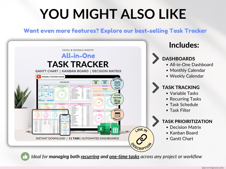 Perfect weekly planner with 1-week view including weekly and daily sections. ADHD weekly planner, time block planner, to do list, goal planner, habit tracker, and productivity planner. Works with Google Sheets and Excel. Ideal for organizing tasks, scheduling your week, tracking goals, and managing personal, family, and work routines efficiently.