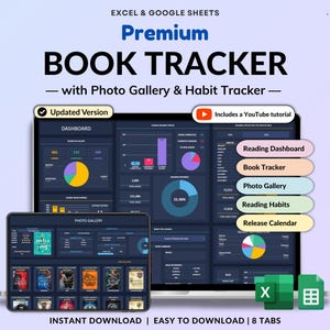 Puede incluir: Un rastreador de libros digital que se muestra en una tableta y una pantalla de computadora portátil. Las pantallas muestran visualizaciones de datos, gráficos y una galería de fotos. El texto incluye "Premium Book Tracker" y "Instant Download".