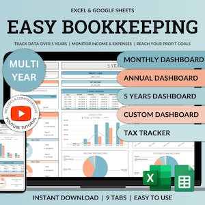 Peut inclure: Un écran d'ordinateur portable affichant une feuille de calcul avec un schéma de couleurs bleu et orange. La feuille de calcul est intitulée "Easy Bookkeeping" et comprend des onglets pour "Tableau de bord mensuel", "Tableau de bord annuel", "Tableau de bord sur 5 ans", "Tableau de bord personnalisé" et "Suivi fiscal". L'image comprend également un écran de téléphone plus petit affichant une feuille de calcul similaire. Le texte "Téléchargement instantané | 9 onglets | Facile à utiliser" est affiché en bas de l'image.