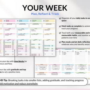 Perfect weekly planner with 1-week view including weekly and daily sections. ADHD weekly planner, time block planner, to do list, goal planner, habit tracker, and productivity planner. Works with Google Sheets and Excel. Ideal for organizing tasks, scheduling your week, tracking goals, and managing personal, family, and work routines efficiently.
