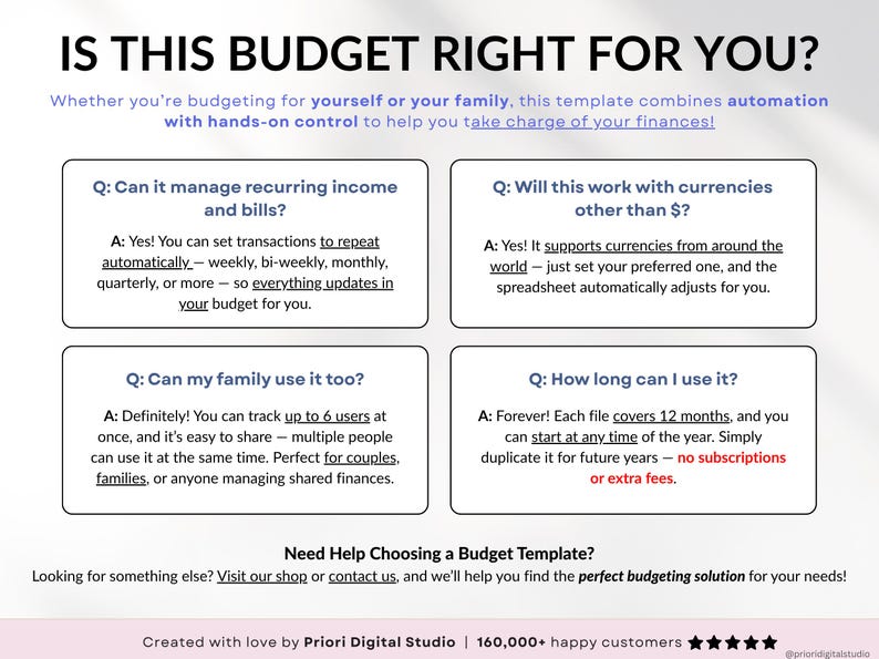 Ultimate Budget Spreadsheet Multicolored theme for Google Sheets & Excel – Annual and Monthly Budget Tracker with Bill, Debt & Savings Tracking. Includes recurring transactions, subscriptions, income, and expenses. Perfect personal finance planner for couples or families (up to 6 users). Start anytime and manage your money with ease.