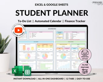 Planificador estudiantil con seguimiento de tareas Planificador académico Hojas de cálculo de Google Rastreador de tareas de Excel Lista de tareas pendientes Calendario automatizado Presupuesto Seguimiento de finanzas