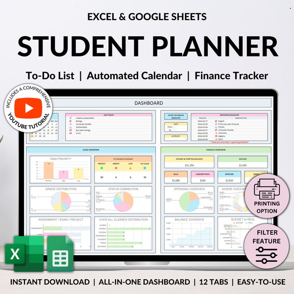 Studentenplanner met toewijzingstracker Academische planner Google Spreadsheets Excel Taaktracker Takenlijst Geautomatiseerde agenda Budgetfinanciëntracker