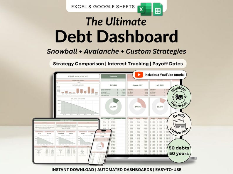 Ultimate Debt Dashboard spreadsheet to track and pay off debt with snowball, avalanche, or custom strategy with custom payment amounts. Includes debt payoff tracker, debt payoff spreadsheet, credit card and loan tracker, mortgage and student loan payoff calculator, credit score tracker and credit utilization tracking, monthly dashboard, repayment calculator. Google Sheets and Excel debt tracker for personal finance, budget planner, financial planner.