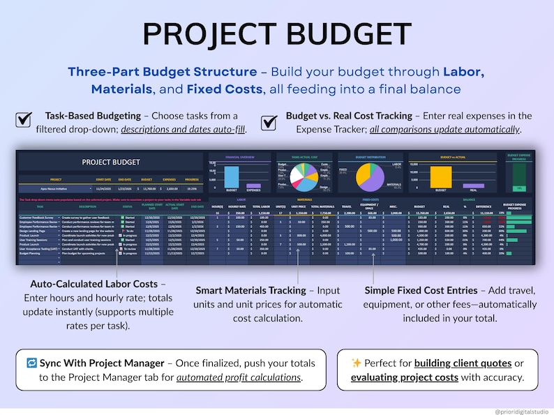 Project Management Spreadsheet for Excel and Google Sheets in dark mode designed for small businesses, teams, and freelancers. Includes dashboards, recurring tasks, Gantt chart, Kanban board, Eisenhower matrix, task tracker, project timeline, and schedule templates