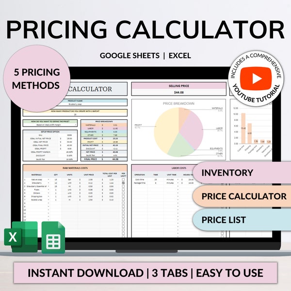 Preisrechner für kleine Unternehmen Google Sheets Excel Business Tracker Handgefertigte Produkte Preisvorlage Gewinnspanne Preisleitfaden