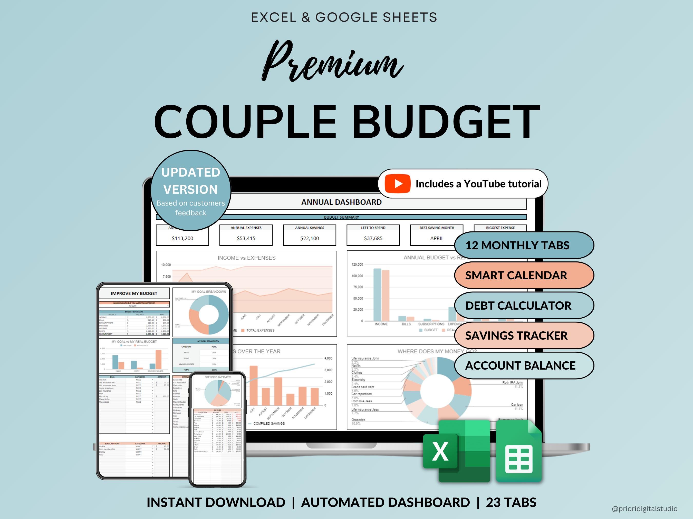 Family Annual Budget Excel Spreadsheet Google Sheets Monthly Biweekly Budget Tracker Couple Financial Planner Bill Calendar Debt Tracker