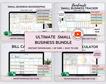 Small Business Bundle Buchhaltung Bestandsverfolgung Auftragsverfolgung Produkt handgefertigt Preiskalkulation Taschenrechner Smart Bill Kalender Google Sheet Excel