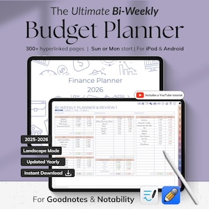 May include: Digital budget planner displayed on two tablets. The text reads "The Ultimate Bi-Weekly Budget Planner" and "Finance Planner 2026." Features include 300+ hyperlinked pages, landscape mode, and instant download. Includes a YouTube tutorial.