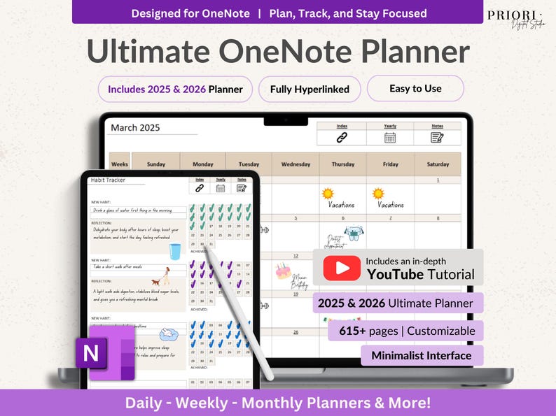 Onenote Work Week Template Onenote Digital Planner for 2025 2026 Onenote Template Hyperlinked ...