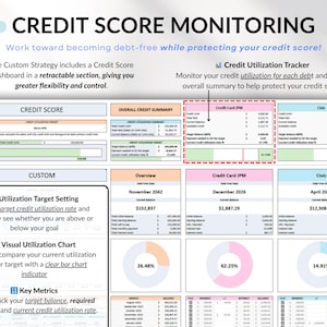 Ultimate Debt Dashboard spreadsheet to track and pay off debt with snowball, avalanche, or custom strategy with custom payment amounts. Includes debt payoff tracker, debt payoff spreadsheet, credit card and loan tracker, mortgage and student loan payoff calculator, credit score tracker and credit utilization tracking, monthly dashboard, repayment calculator. Google Sheets and Excel debt tracker for personal finance, budget planner, financial planner.
