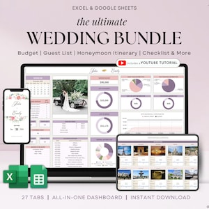 Peut inclure: Un bundle de planification de mariage numérique pour Excel et Google Sheets. Le bundle comprend 27 onglets avec un tableau de bord tout-en-un, un suivi du budget, une liste d'invités, un itinéraire de lune de miel, une liste de contrôle et plus encore. L'image montre un écran d'ordinateur portable affichant le tableau de bord, un smartphone affichant une invitation de mariage et les icônes Excel et Google Sheets. Le texte "the ultimate WEDDING BUNDLE" est affiché en gros caractères gras en haut de l'image.