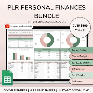 Könnte beinhalten: Ein Laptop-Bildschirm zeigt ein persönliches Finanzpaket mit Tabellenkalkulationen. Der Titel lautet "PLR PERSONAL FINANCES BUNDLE". Der Bildschirm zeigt Diagramme, Grafiken und Budgetaufschlüsselungen. Enthält ein YouTube-Tutorial. Das Paket beinhaltet ein Jahresbudget, ein einfaches Budget und einen Schulden-Tracker.