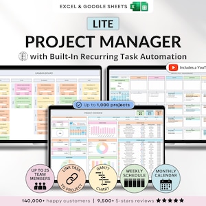 Könnte beinhalten: Eine digitale Projektmanager-Oberfläche, die auf drei Bildschirmen angezeigt wird. Die Bildschirme zeigen Projektmanagement-Tools, darunter Kanban-Boards, Gantt-Diagramme und Monatskalender. Das Bild enthält den Text "PROJECT MANAGER" und "Up to 1,000 projects."