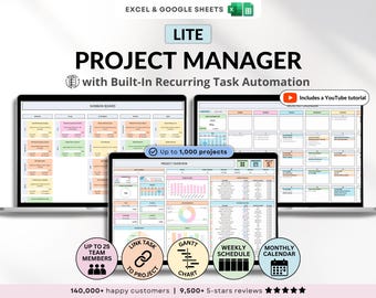 May include: A digital project manager interface displayed on three screens. The screens show project management tools, including Kanban boards, Gantt charts, and monthly calendars. The image includes the text "PROJECT MANAGER" and "Up to 1,000 projects."
