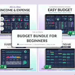 Pode incluir: Um pacote de produtos digitais para iniciantes, que inclui quatro planilhas para orçamento, acompanhamento de receitas e despesas, acompanhamento de hábitos e um calendário automatizado. As planilhas estão no modo escuro e têm um design moderno.