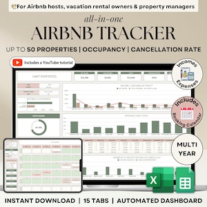 以下が含まれることがあります： 「Airbnb Tracker」というタイトルのグラフとチャートが表示されたラップトップの画面。スプレッドシートには、収入、支出、稼働率、キャンセル率に関するデータが含まれています。画面は、「最大50物件」、「YouTubeチュートリアル付き」、「予約カレンダー」、「複数年」など、スプレッドシートの機能を強調するアイコンとテキストで囲まれています。