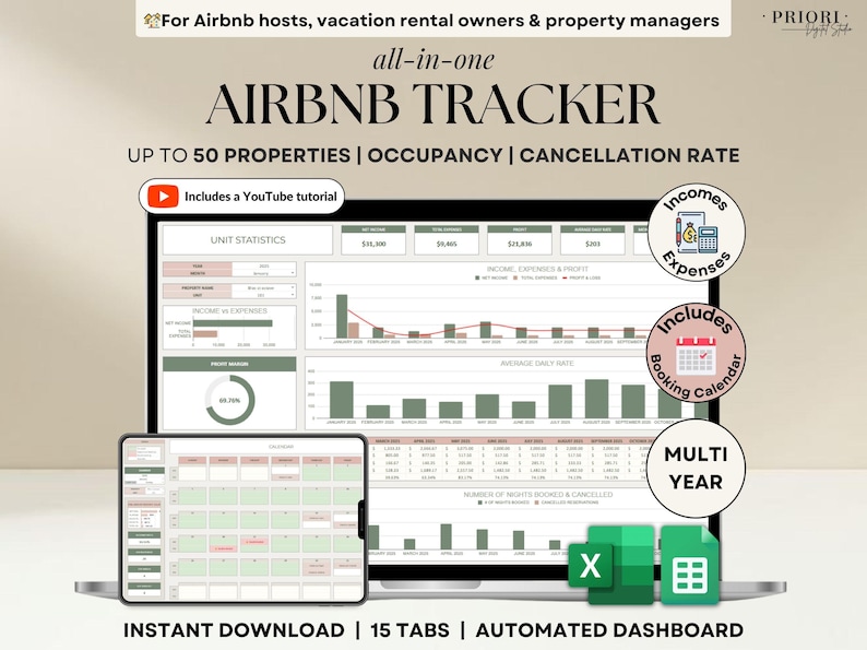 Airbnb Spreadsheet Vacation Rental Property Tracker Google Sheets Booking Calendar Income Expense Template Excel Short-Term Rental Management Income and Expense Tracker Vrbo Rental Tracker Real Estate Finances Airbnb Vrbo Host Spreadsheet Landlord Property Tracker Profit and Loss Bookkeeping