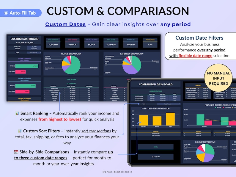 Ultimate Small Business Bundle in dark mode with 4 spreadsheets for Google Sheets and Excel including bookkeeping, inventory tracker, order tracker, pricing calculator, and smart bill calendar. Perfect for small business and handmade sellers to track income, expenses, sales taxes, inventory, customers, product pricing, invoices, profit, and bills in one complete business spreadsheet bundle. Can use for multiple years!