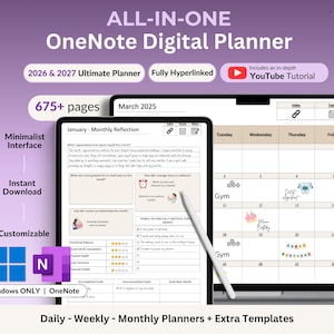 Planer OneNote 2026 2027 Cyfrowe szablony OneNote Planer z hiperłączami Planer dzienny Planer tygodniowy Planer organizacji Profesjonalny OneNote 2026