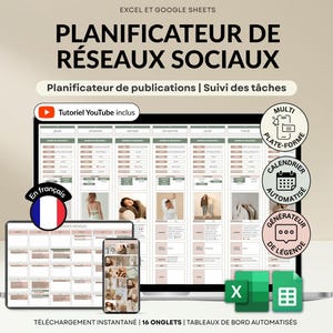 Könnte beinhalten: Ein digitaler Social-Media-Planer, der auf einem Laptop, Tablet und Smartphone angezeigt wird. Der Planer enthält einen Kalender, Aufgabenverfolgung und einen Legendengenerator. Der Text enthält "Social Media Planner".