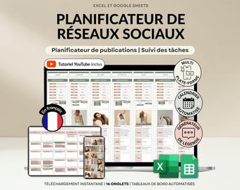Planificateur réseaux sociaux Français Google Sheets Excel Calendrier de contenu mensuel pour créateurs digital Instagram TikTok UGC YouTube