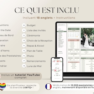 Planner de mariage numérique en français compatible Excel et Google Sheets. Suivi du budget, liste d'invités, plan de table, itinéraire, lune de miel, checklist de mariage, fiançailles, gestion des cadeaux et plus. Parfait pour planifier un mariage de A à Z. Téléchargement instantané, idéal pour les couples organisés. Outil tout-en-un pour mariage civil, religieux ou destination.