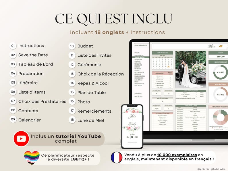 Planner de mariage numérique en français compatible Excel et Google Sheets. Suivi du budget, liste d'invités, plan de table, itinéraire, lune de miel, checklist de mariage, fiançailles, gestion des cadeaux et plus. Parfait pour planifier un mariage de A à Z. Téléchargement instantané, idéal pour les couples organisés. Outil tout-en-un pour mariage civil, religieux ou destination.