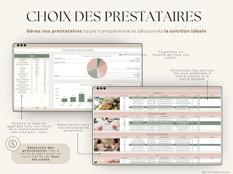 Planner de mariage numérique en français compatible Excel et Google Sheets. Suivi du budget, liste d'invités, plan de table, itinéraire, lune de miel, checklist de mariage, fiançailles, gestion des cadeaux et plus. Parfait pour planifier un mariage de A à Z. Téléchargement instantané, idéal pour les couples organisés. Outil tout-en-un pour mariage civil, religieux ou destination.