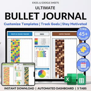 Puede incluir: Una pantalla de computadora portátil que muestra una hoja de cálculo con gráficos y diagramas coloridos. La hoja de cálculo se titula "Ultimate Bullet Journal" e incluye pestañas para "Fruits & Veggies Tracker", "Index", "Coffee Tracker", y más. El texto "Customize Templates | Track Goals | Stay Motivated" se muestra encima de la hoja de cálculo. El texto "45+ Journals", "Visualize Patterns", "Yearly Overview", y "Instant Download | Automated Dashboard | 5 Tabs" también se muestra en la pantalla.