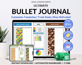 Könnte beinhalten: Ein Laptop-Bildschirm zeigt eine Tabellenkalkulation mit bunten Diagrammen und Grafiken. Die Tabellenkalkulation trägt den Titel "Ultimate Bullet Journal" und enthält Registerkarten für "Fruits & Veggies Tracker", "Index", "Coffee Tracker" und mehr. Der Text "Customize Templates | Track Goals | Stay Motivated" wird über der Tabellenkalkulation angezeigt. Der Text "45+ Journals", "Visualize Patterns", "Yearly Overview" und "Instant Download | Automated Dashboard | 5 Tabs" wird ebenfalls auf dem Bildschirm angezeigt.