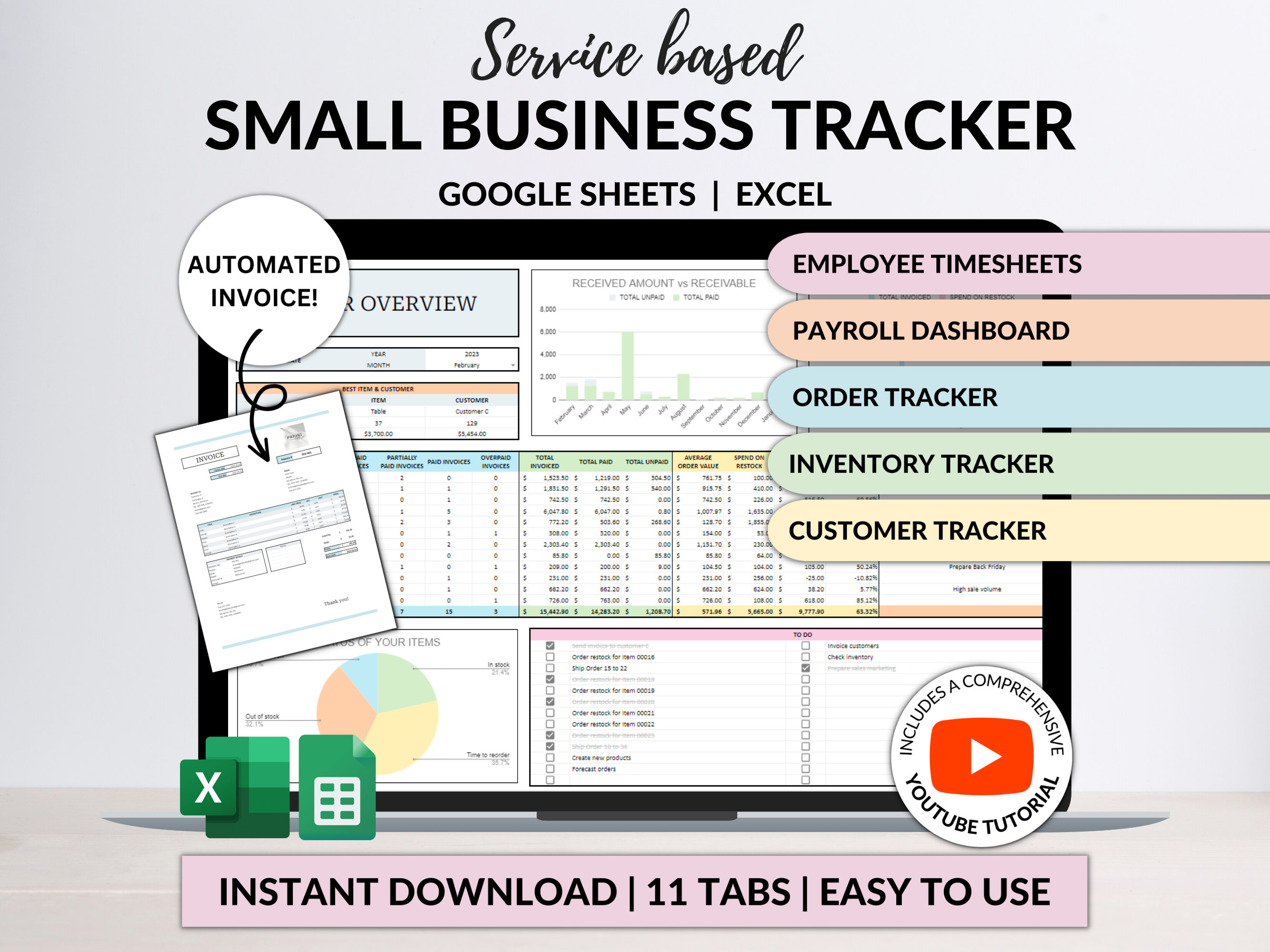 Small Business Tracker Spreadsheet Google Sheets Excel Inventory Template Customer Tracker Employee Schedule Order Tracker Payroll Dashboard