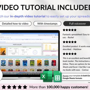 Premium book tracker spreadsheet for Google Sheets and Excel, designed as a digital reading journal, book planner, and personal book library. Track up to 5,000 books, manage reading lists, log book reviews, monitor reading habits, view automated charts and tables, and track book releases with an automated calendar. Beginner-friendly digital book tracker template for book lovers.