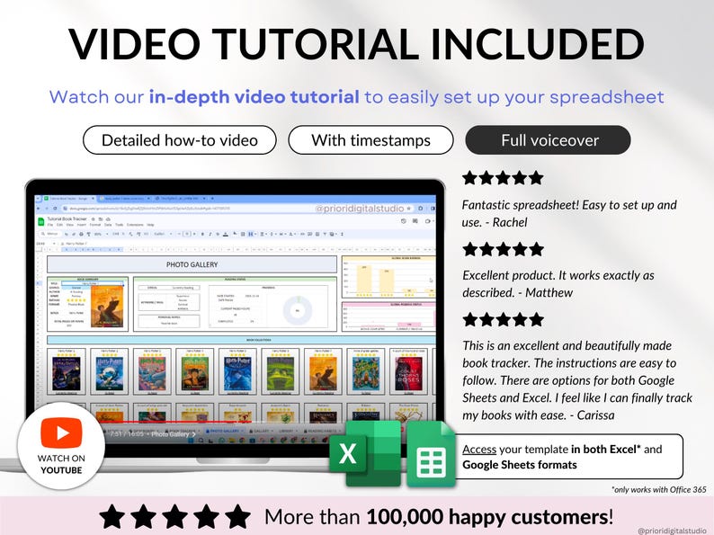 Premium book tracker spreadsheet for Google Sheets and Excel, designed as a digital reading journal, book planner, and personal book library. Track up to 5,000 books, manage reading lists, log book reviews, monitor reading habits, view automated charts and tables, and track book releases with an automated calendar. Beginner-friendly digital book tracker template for book lovers.