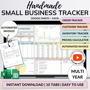 Foglio di calcolo per piccole imprese Tracker inventario Tracker ordini vendite Calcolatore prezzi prodotti fatti a mano Tracker clienti Fogli Google Excel