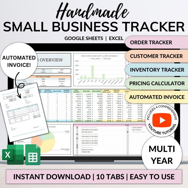 Hoja de cálculo para pequeñas empresas Rastreador de inventario Rastreador de ventas de pedidos Calculadora de precios hecha a mano Rastreador de clientes Hojas de cálculo de Google Excel