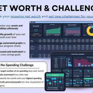 Income and Expense Tracker Spreadsheet in dark mode. Personal finance template for Google Sheets and Excel featuring transaction log, dashboards, annual totals, automated calendar, 12 monthly tabs, sinking funds, debt calculator, net worth tracker, and no-spend challenge.