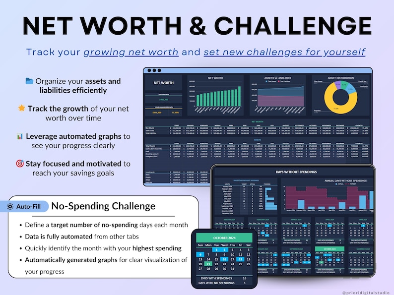 Income and Expense Tracker Spreadsheet in dark mode. Personal finance template for Google Sheets and Excel featuring transaction log, dashboards, annual totals, automated calendar, 12 monthly tabs, sinking funds, debt calculator, net worth tracker, and no-spend challenge.