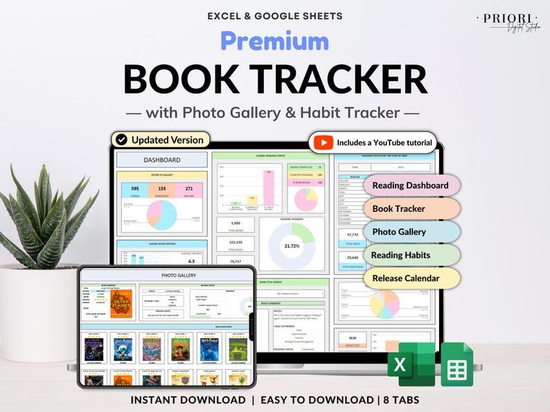 Premium book tracker spreadsheet for Google Sheets and Excel, designed as a digital reading journal, book planner, and personal book library. Track up to 5,000 books, manage reading lists, log book reviews, monitor reading habits, view automated charts and tables, and track book releases with an automated calendar. Beginner-friendly digital book tracker template for book lovers.
