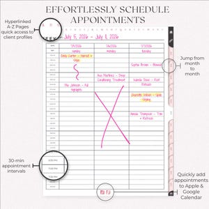 Weekly appointment scheduler from the hairstylist Appointment Book showing hyperlinked A–Z tabs for client profiles, monthly navigation tabs, and 30-minute time slots. The page displays handwritten sample appointments, plus icons for adding events to Apple and Google Calendar. Highlights include quick navigation and easy digital scheduling.