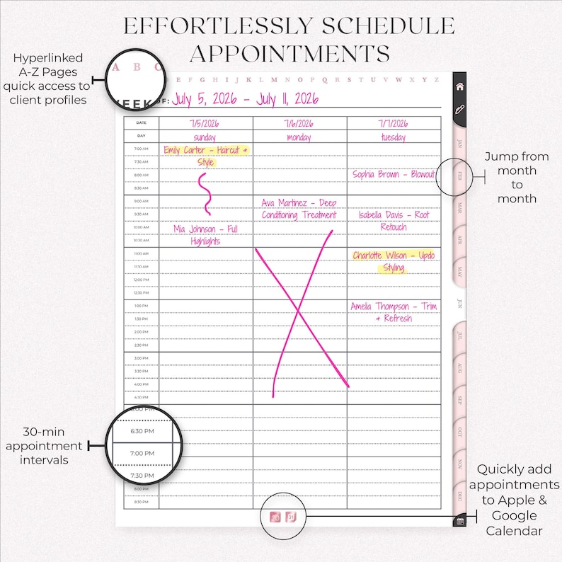 Weekly appointment scheduler from the hairstylist Appointment Book showing hyperlinked A–Z tabs for client profiles, monthly navigation tabs, and 30-minute time slots. The page displays handwritten sample appointments, plus icons for adding events to Apple and Google Calendar. Highlights include quick navigation and easy digital scheduling.