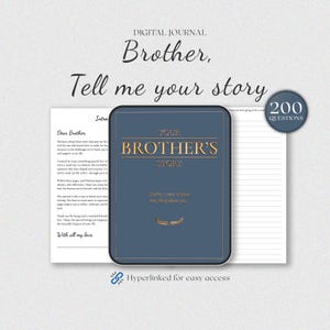 Puede incluir: Un diario digital con una portada azul que dice "La historia de tu hermano" y tiene un borde dorado. El diario tiene 200 preguntas para ayudarte a aprender más sobre tu hermano.