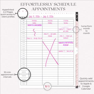 Effortlessly schedule appointments with this nail tech Appointment Book featuring A-Z hyperlinked client profiles, month navigation tabs, 30-minute intervals, and quick Apple & Google Calendar integration for seamless planning.