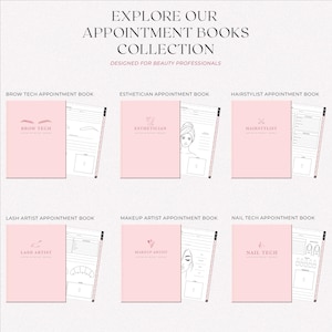 Appointment book collection designed for beauty professionals featuring Brow Tech, Esthetician, Hairstylist, Lash Artist, Makeup Artist, and Nail Tech appointment books. Image shows pink covers with interior page previews to highlight service specific layouts, client tracking pages, and organized scheduling for different beauty services.