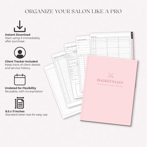 Organize your salon like a pro with this Hairstylist Appointment Book. Features instant download, client tracker, undated flexibility, and standard 8.5 x 11-inch size. Perfect for tracking client details, service history, and appointments.