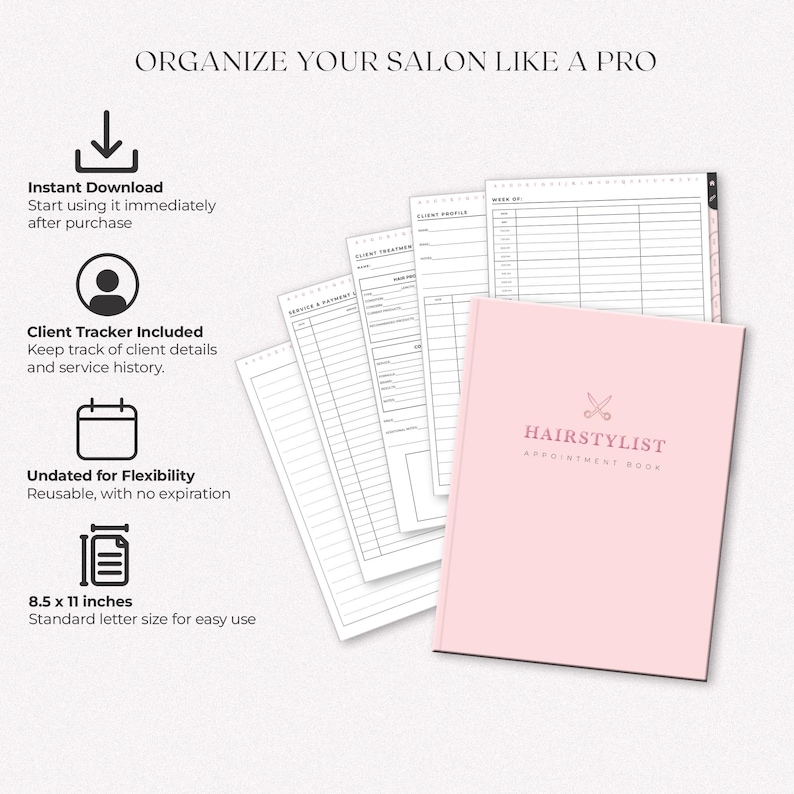 Organize your salon like a pro with this Hairstylist Appointment Book. Features instant download, client tracker, undated flexibility, and standard 8.5 x 11-inch size. Perfect for tracking client details, service history, and appointments.