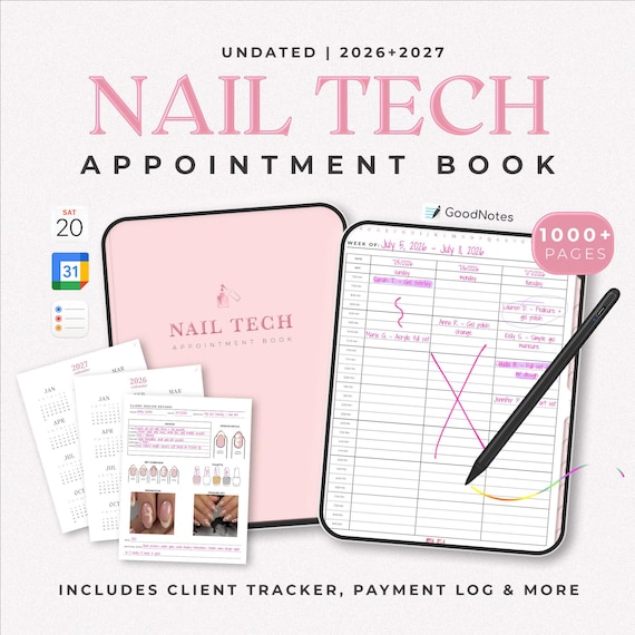 Nail Tech Appointment Book: Includes 2026-2027 Calendar, Client Tracker & Design Record (Instant Download)