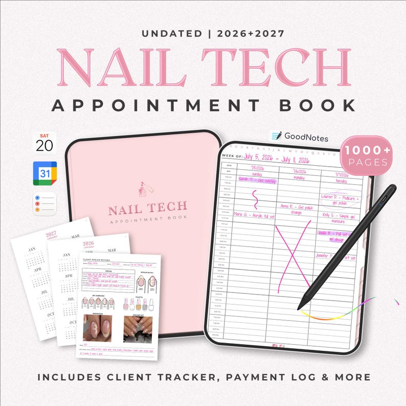 Undated 2026-2027 nail tech Appointment Book with 1000+ pages, client tracker, payment log, and Apple & Google Calendar links. Perfect for nail techs to organize schedules and track client details. Compatible with GoodNotes.