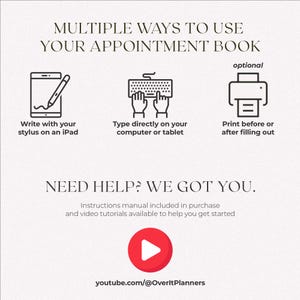 Multiple ways to use the nail tech appointment book: write with a stylus on iPad, type on computer or tablet, or print before or after filling out. Instructions manual and video tutorials included to help you get started.